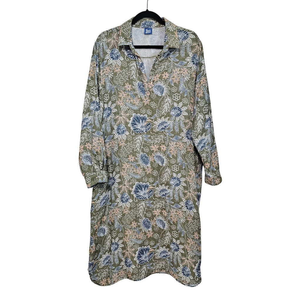 RipSkirt Hawaii Traveler Midi Shirt Dress L Cotton Green Floral Roll Tab Sleeve